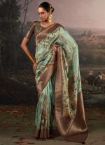 Linen Turquoise Blue Festival Wear Floral Printed Saree